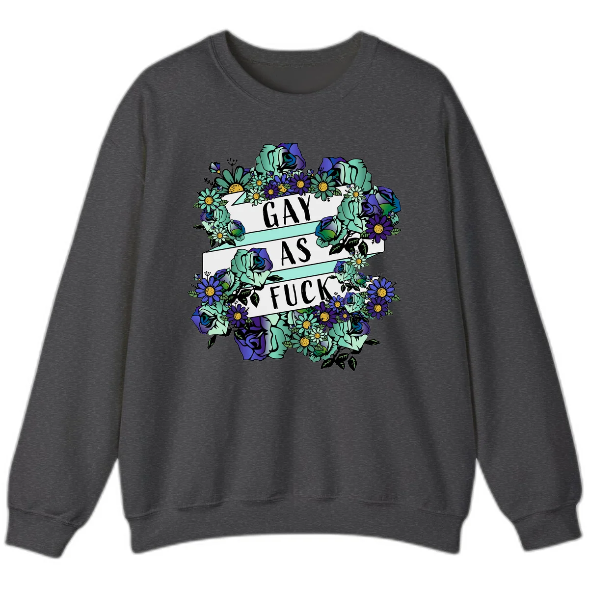 Floral illustration with mint roses and purple daisies surrounding white banners reading 'GAY AS FUCK' in bold text in Dark Heather