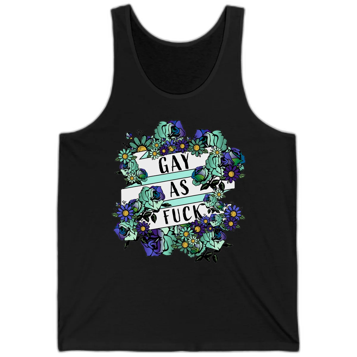 Floral illustration with mint roses and purple daisies surrounding white banners reading 'GAY AS FUCK' in bold text in Black