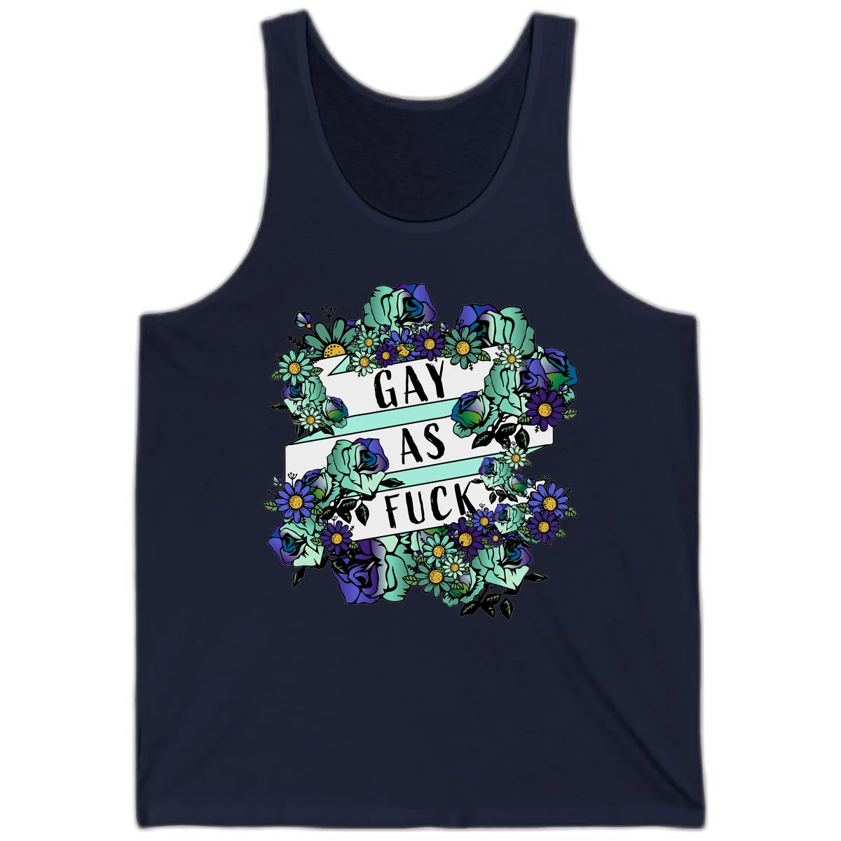 Floral illustration with mint roses and purple daisies surrounding white banners reading 'GAY AS FUCK' in bold text in Navy