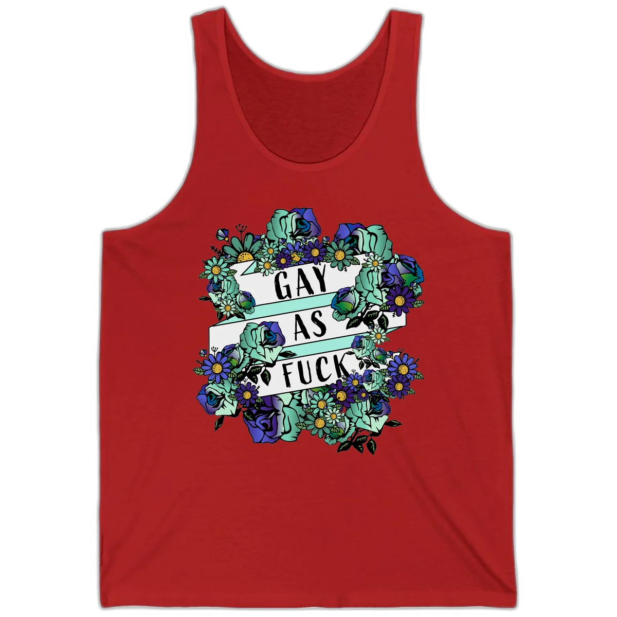 Floral illustration with mint roses and purple daisies surrounding white banners reading 'GAY AS FUCK' in bold text in Red