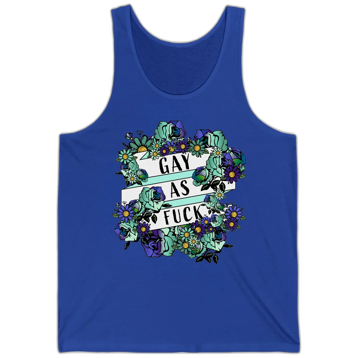Floral illustration with mint roses and purple daisies surrounding white banners reading 'GAY AS FUCK' in bold text in True Royal
