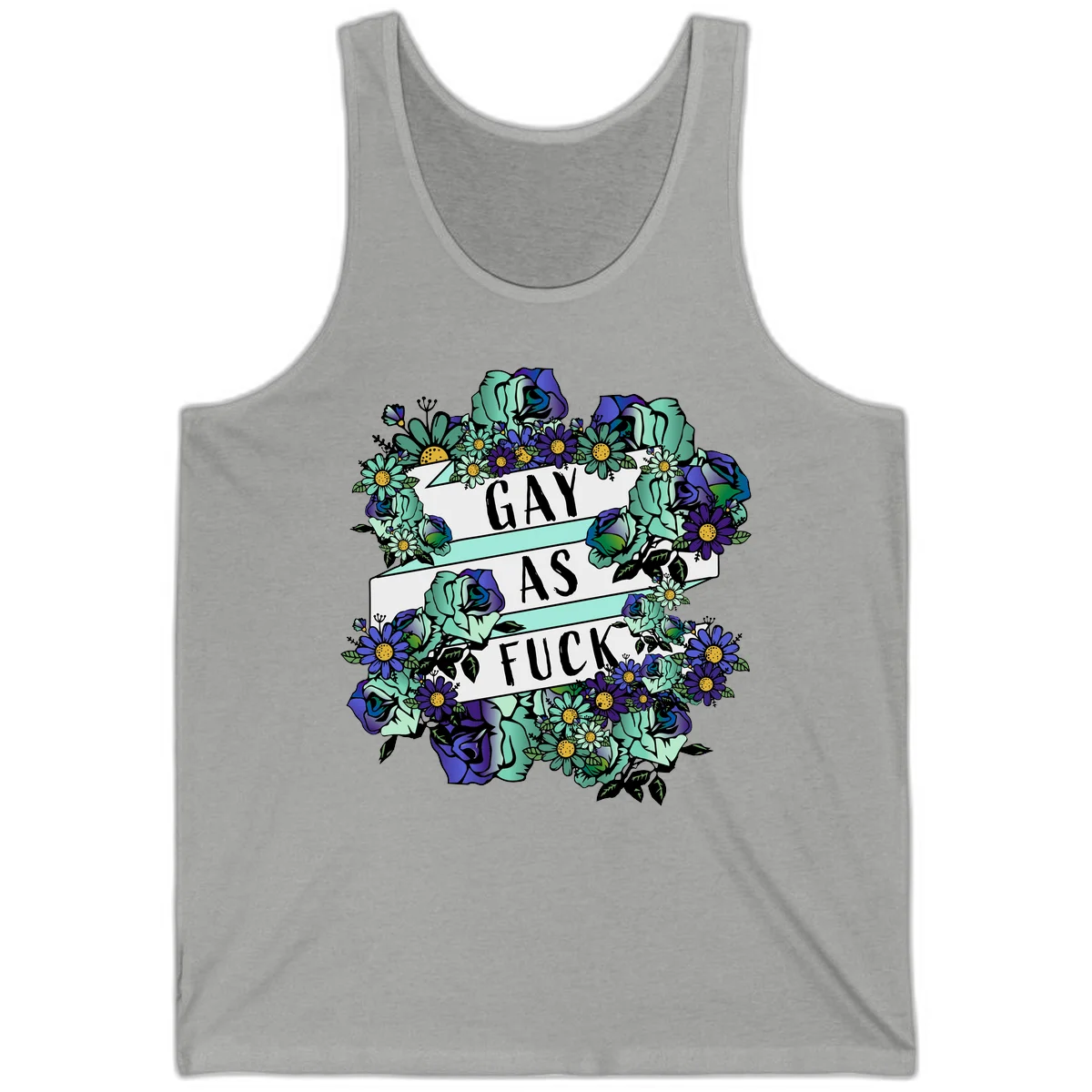 Floral illustration with mint roses and purple daisies surrounding white banners reading 'GAY AS FUCK' in bold text in Athletic Heather