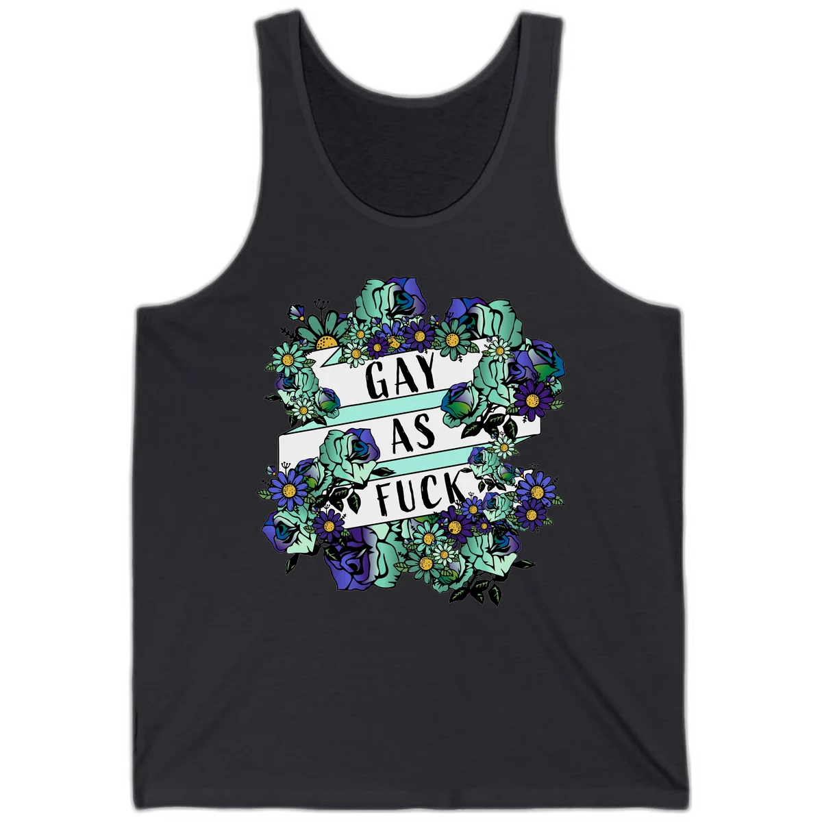 Floral illustration with mint roses and purple daisies surrounding white banners reading 'GAY AS FUCK' in bold text in Dark Grey