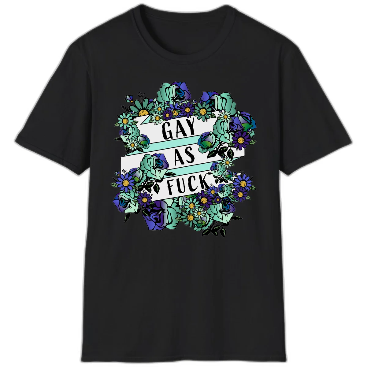 Floral illustration with mint roses and purple daisies surrounding white banners reading 'GAY AS FUCK' in bold text in Black