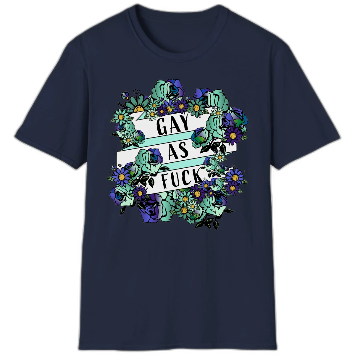 Floral illustration with mint roses and purple daisies surrounding white banners reading 'GAY AS FUCK' in bold text in Navy