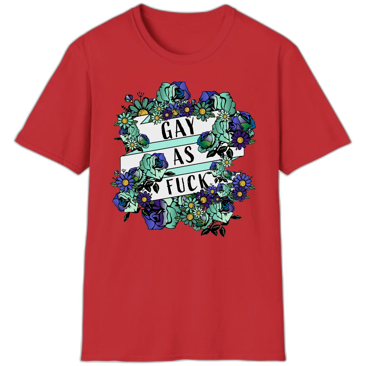 Floral illustration with mint roses and purple daisies surrounding white banners reading 'GAY AS FUCK' in bold text in Red