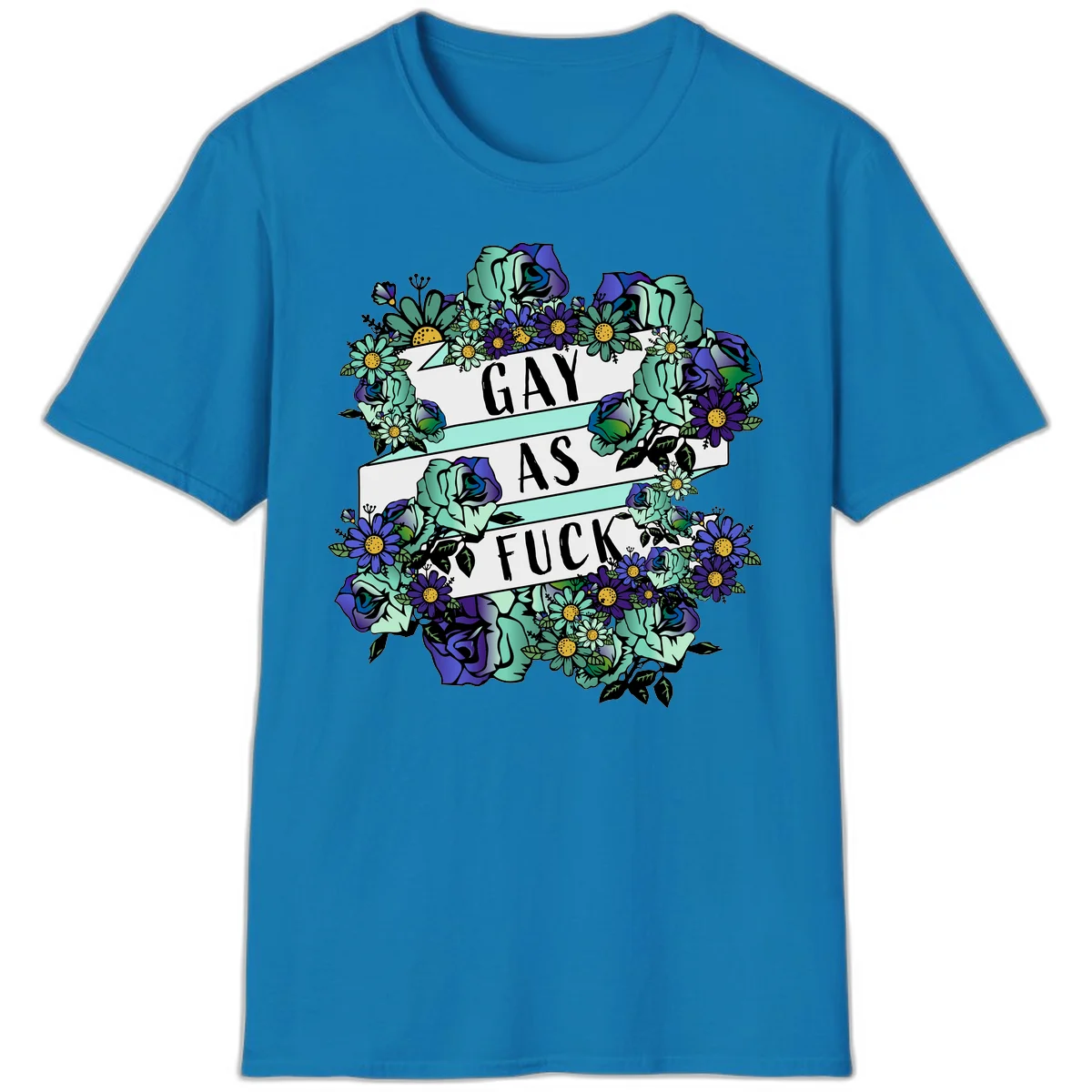 Floral illustration with mint roses and purple daisies surrounding white banners reading 'GAY AS FUCK' in bold text in Sapphire