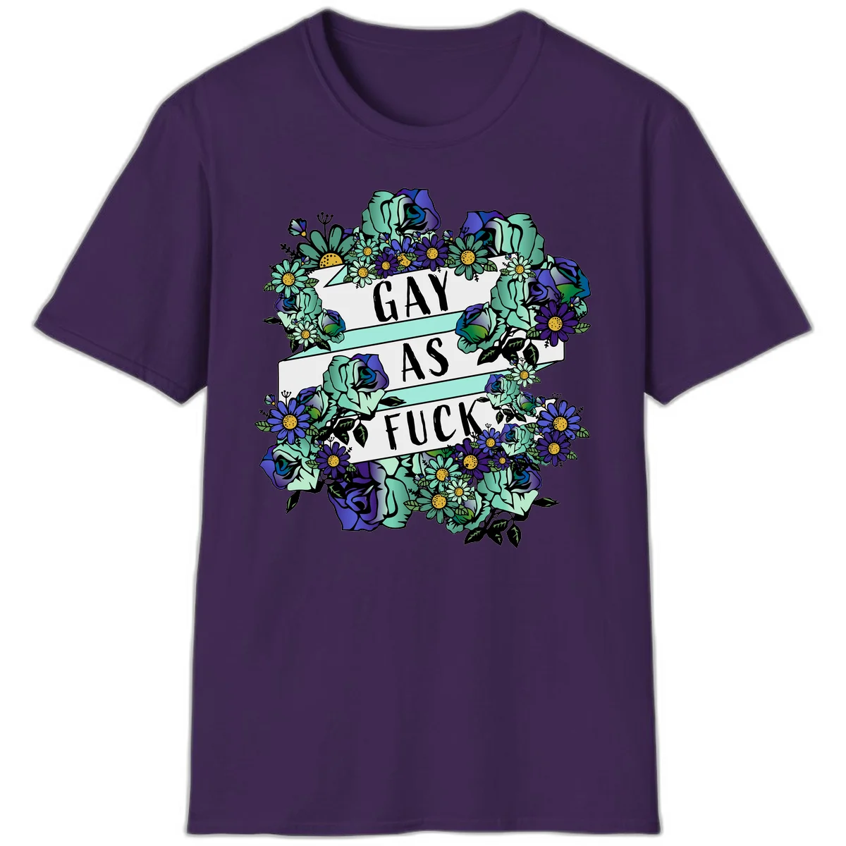 Floral illustration with mint roses and purple daisies surrounding white banners reading 'GAY AS FUCK' in bold text in Purple