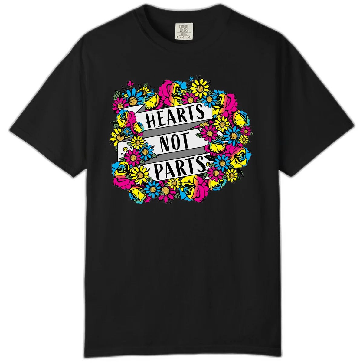 Hearts Not Parts pride design with colorful floral wreath featuring yellow daisies, magenta roses, and blue flowers surrounding bold statement text in Black