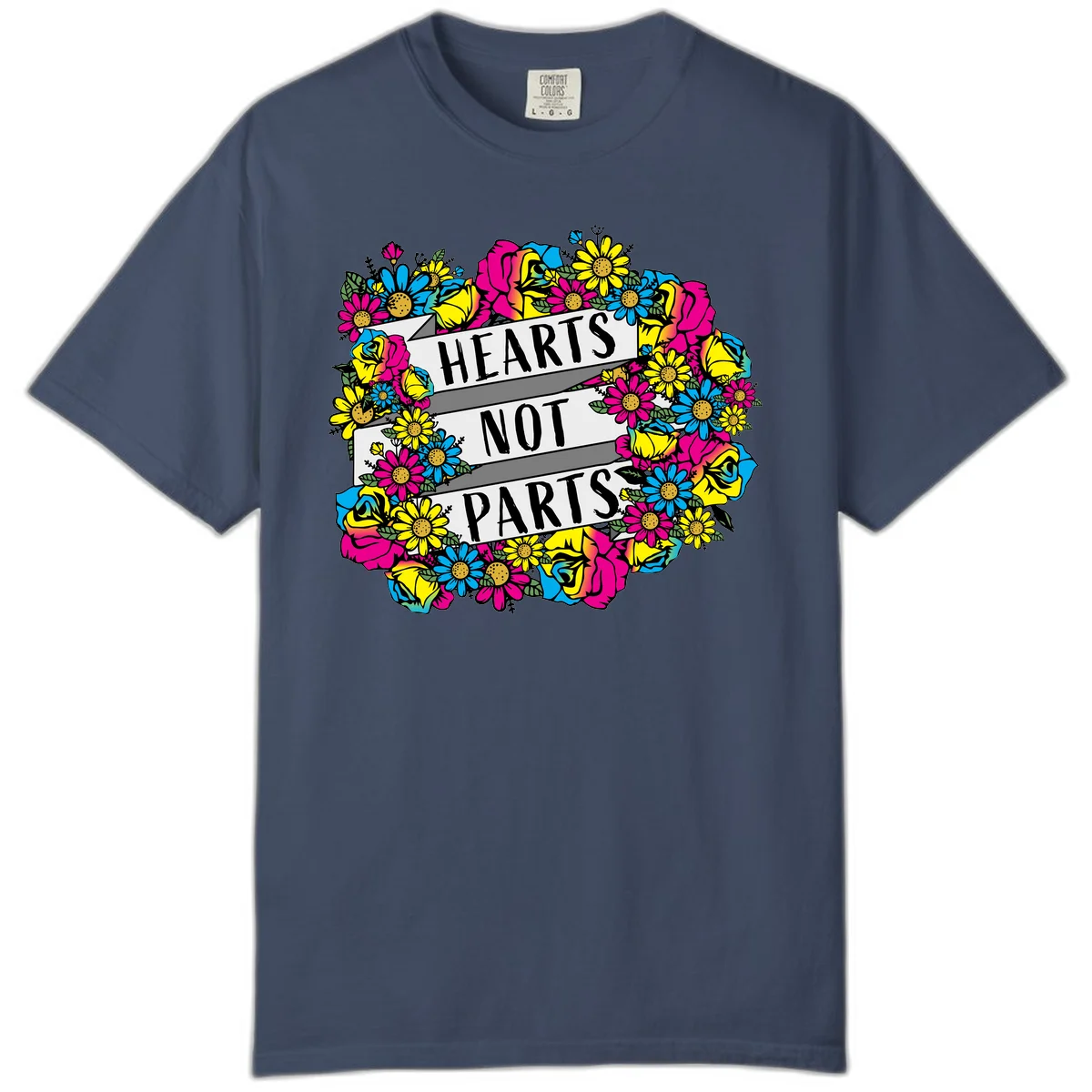 Hearts Not Parts pride design with colorful floral wreath featuring yellow daisies, magenta roses, and blue flowers surrounding bold statement text in Midnight