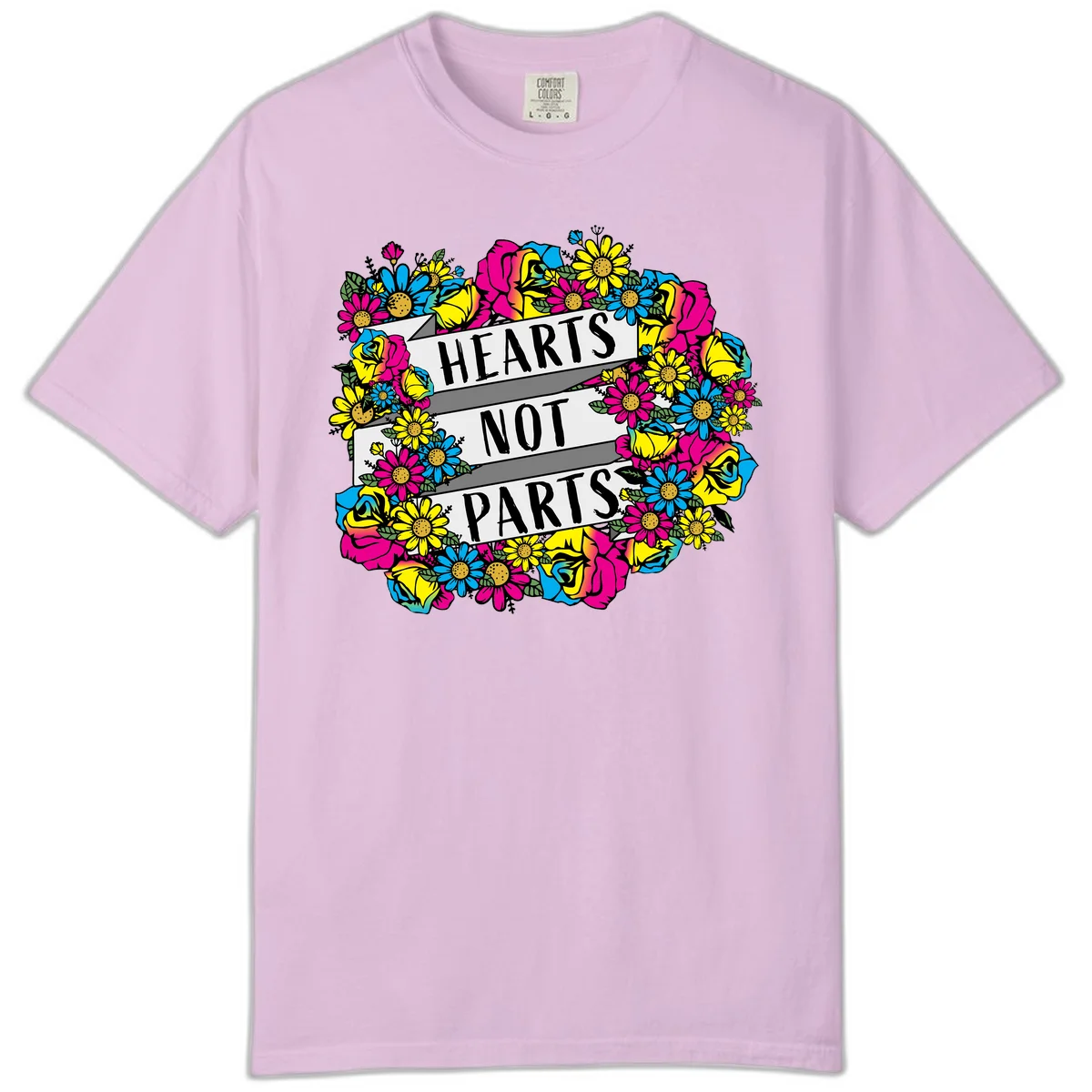 Hearts Not Parts pride design with colorful floral wreath featuring yellow daisies, magenta roses, and blue flowers surrounding bold statement text in Orchid