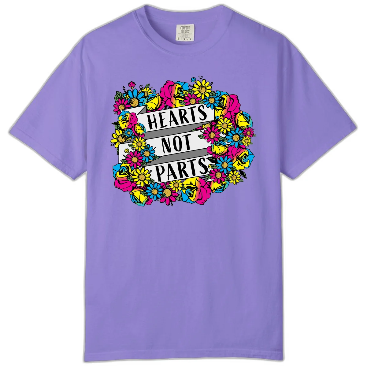 Hearts Not Parts pride design with colorful floral wreath featuring yellow daisies, magenta roses, and blue flowers surrounding bold statement text in Violet
