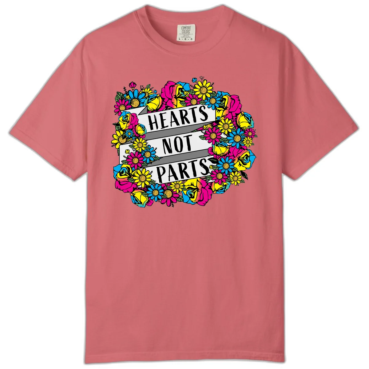 Hearts Not Parts pride design with colorful floral wreath featuring yellow daisies, magenta roses, and blue flowers surrounding bold statement text in Watermelon