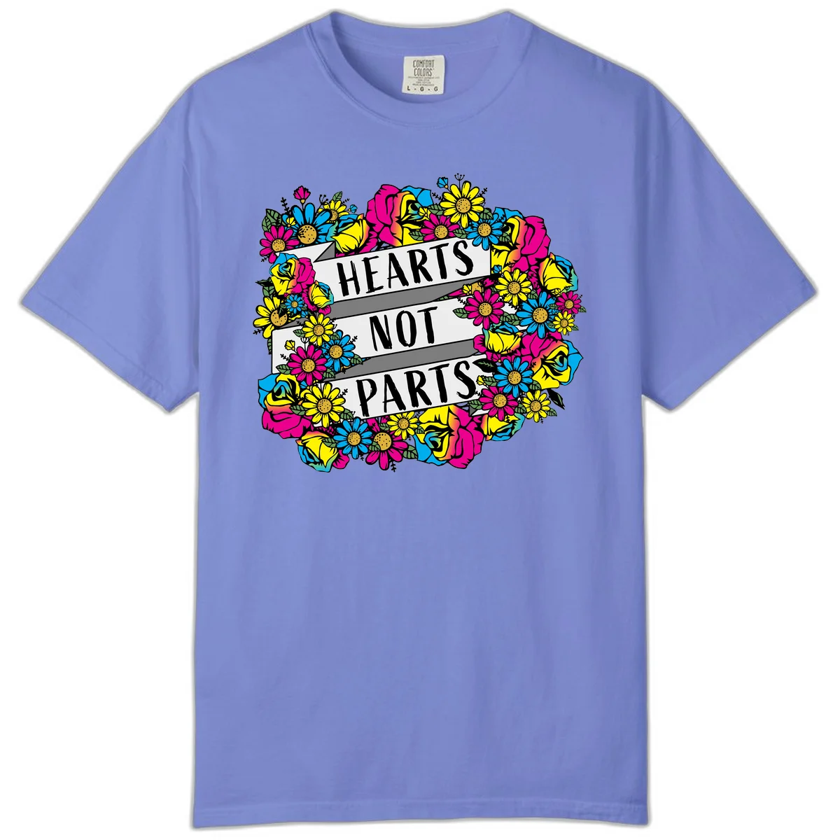 Hearts Not Parts pride design with colorful floral wreath featuring yellow daisies, magenta roses, and blue flowers surrounding bold statement text in Flo Blue