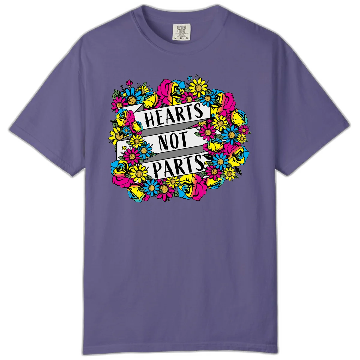 Hearts Not Parts pride design with colorful floral wreath featuring yellow daisies, magenta roses, and blue flowers surrounding bold statement text in Grape