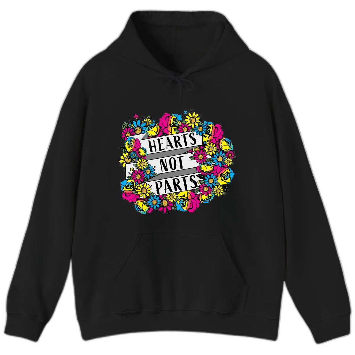 Hearts Not Parts pride design with colorful floral wreath featuring yellow daisies, magenta roses, and blue flowers surrounding bold statement text in Black