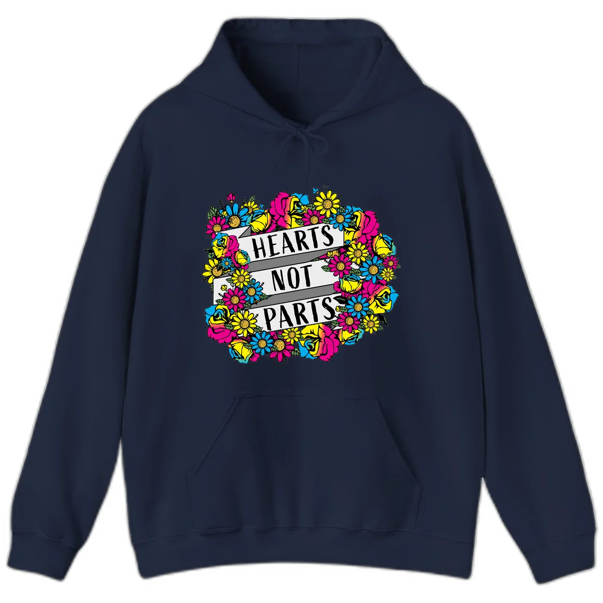 Hearts Not Parts pride design with colorful floral wreath featuring yellow daisies, magenta roses, and blue flowers surrounding bold statement text in Navy