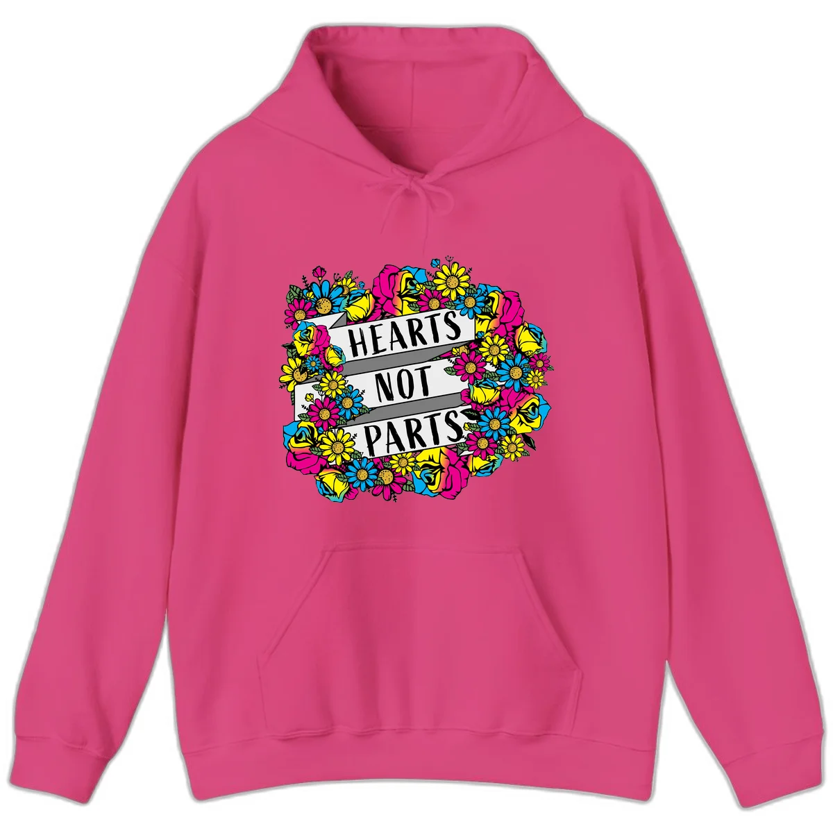Hearts Not Parts pride design with colorful floral wreath featuring yellow daisies, magenta roses, and blue flowers surrounding bold statement text in Heliconia