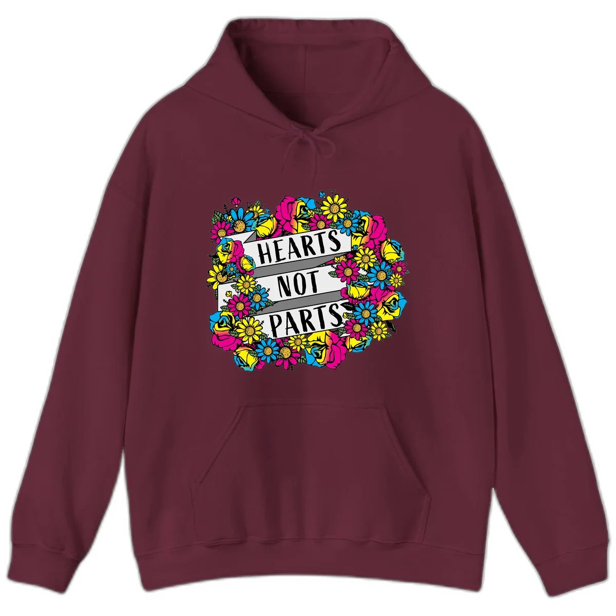 Hearts Not Parts pride design with colorful floral wreath featuring yellow daisies, magenta roses, and blue flowers surrounding bold statement text in Maroon