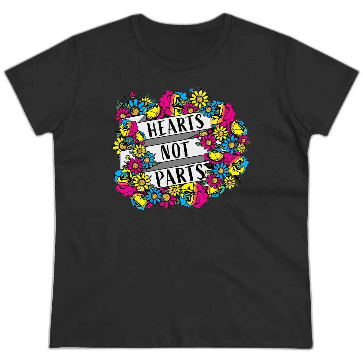 Hearts Not Parts pride design with colorful floral wreath featuring yellow daisies, magenta roses, and blue flowers surrounding bold statement text in Black