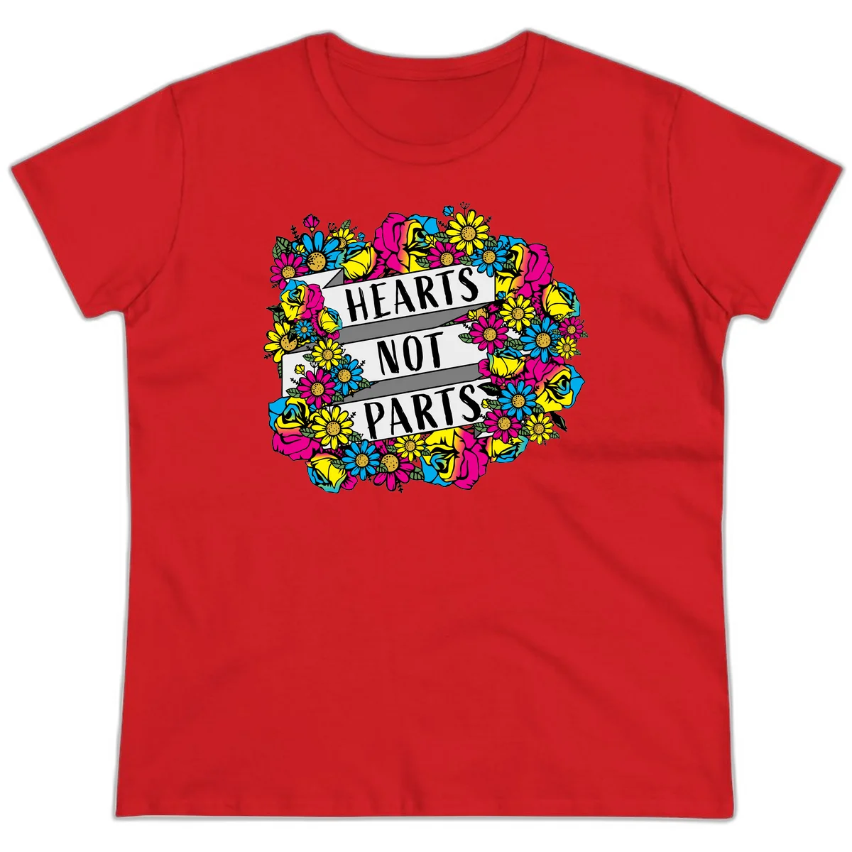 Hearts Not Parts pride design with colorful floral wreath featuring yellow daisies, magenta roses, and blue flowers surrounding bold statement text in Red