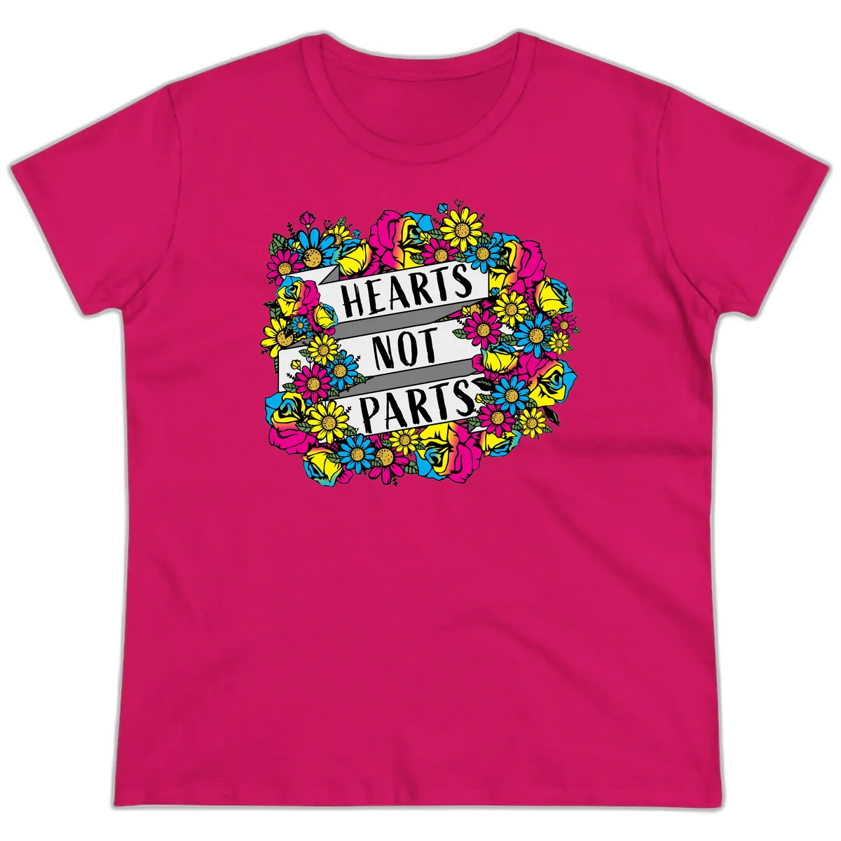 Hearts Not Parts pride design with colorful floral wreath featuring yellow daisies, magenta roses, and blue flowers surrounding bold statement text in Heliconia
