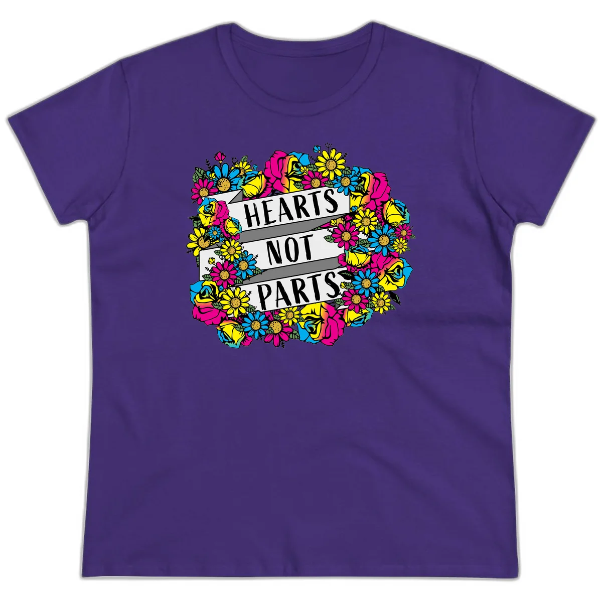 Hearts Not Parts pride design with colorful floral wreath featuring yellow daisies, magenta roses, and blue flowers surrounding bold statement text in Purple
