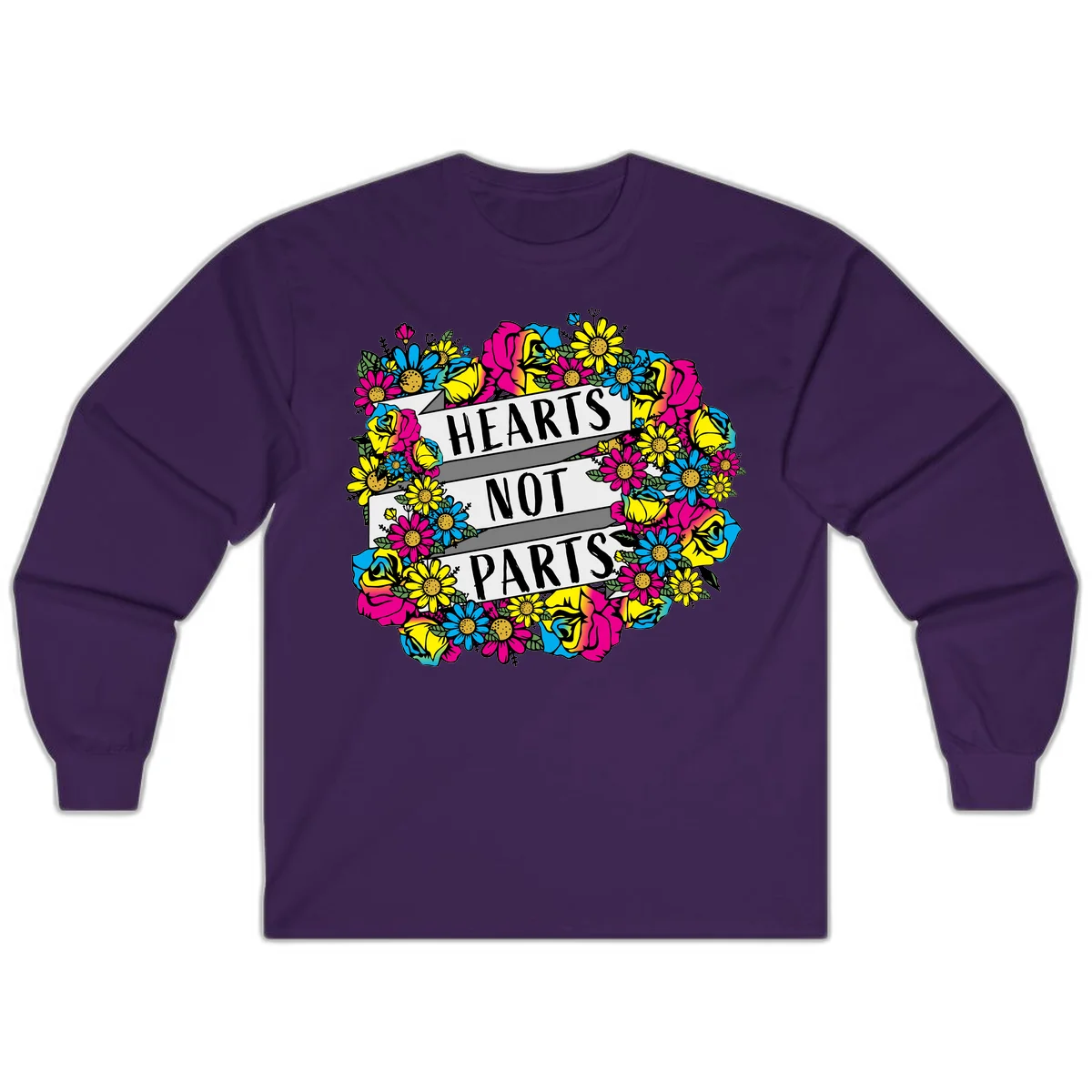 Hearts Not Parts pride design with colorful floral wreath featuring yellow daisies, magenta roses, and blue flowers surrounding bold statement text in Purple
