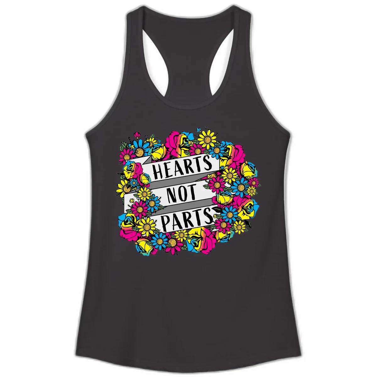 Hearts Not Parts pride design with colorful floral wreath featuring yellow daisies, magenta roses, and blue flowers surrounding bold statement text in Black
