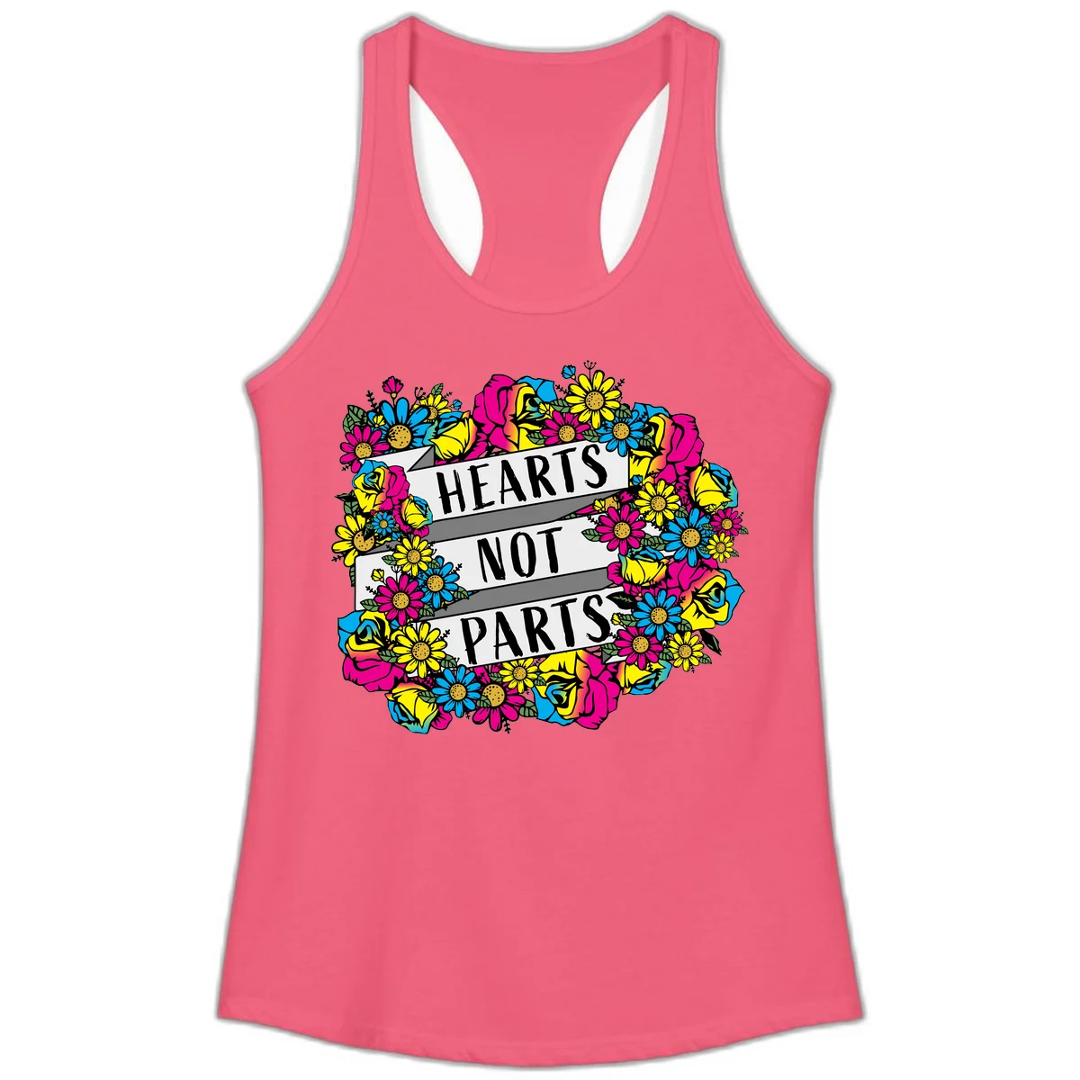 Hearts Not Parts pride design with colorful floral wreath featuring yellow daisies, magenta roses, and blue flowers surrounding bold statement text in Hot Pink