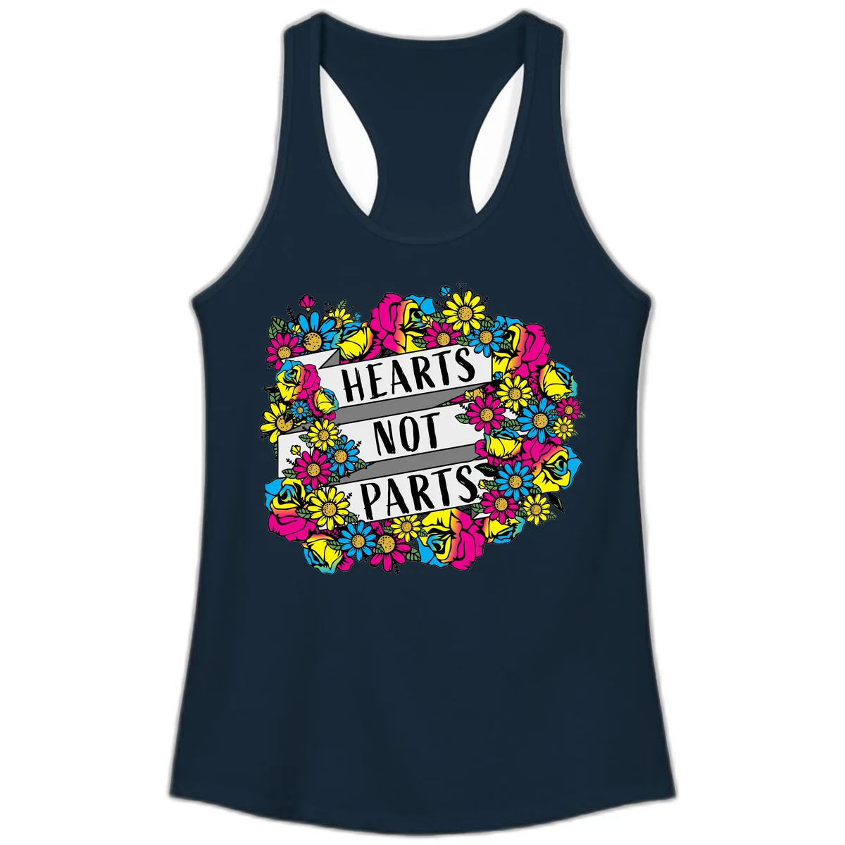 Hearts Not Parts pride design with colorful floral wreath featuring yellow daisies, magenta roses, and blue flowers surrounding bold statement text in Solid Midnight Navy