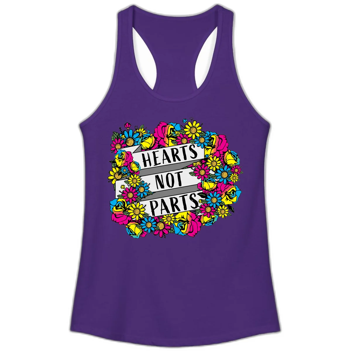 Hearts Not Parts pride design with colorful floral wreath featuring yellow daisies, magenta roses, and blue flowers surrounding bold statement text in Solid Purple Rush