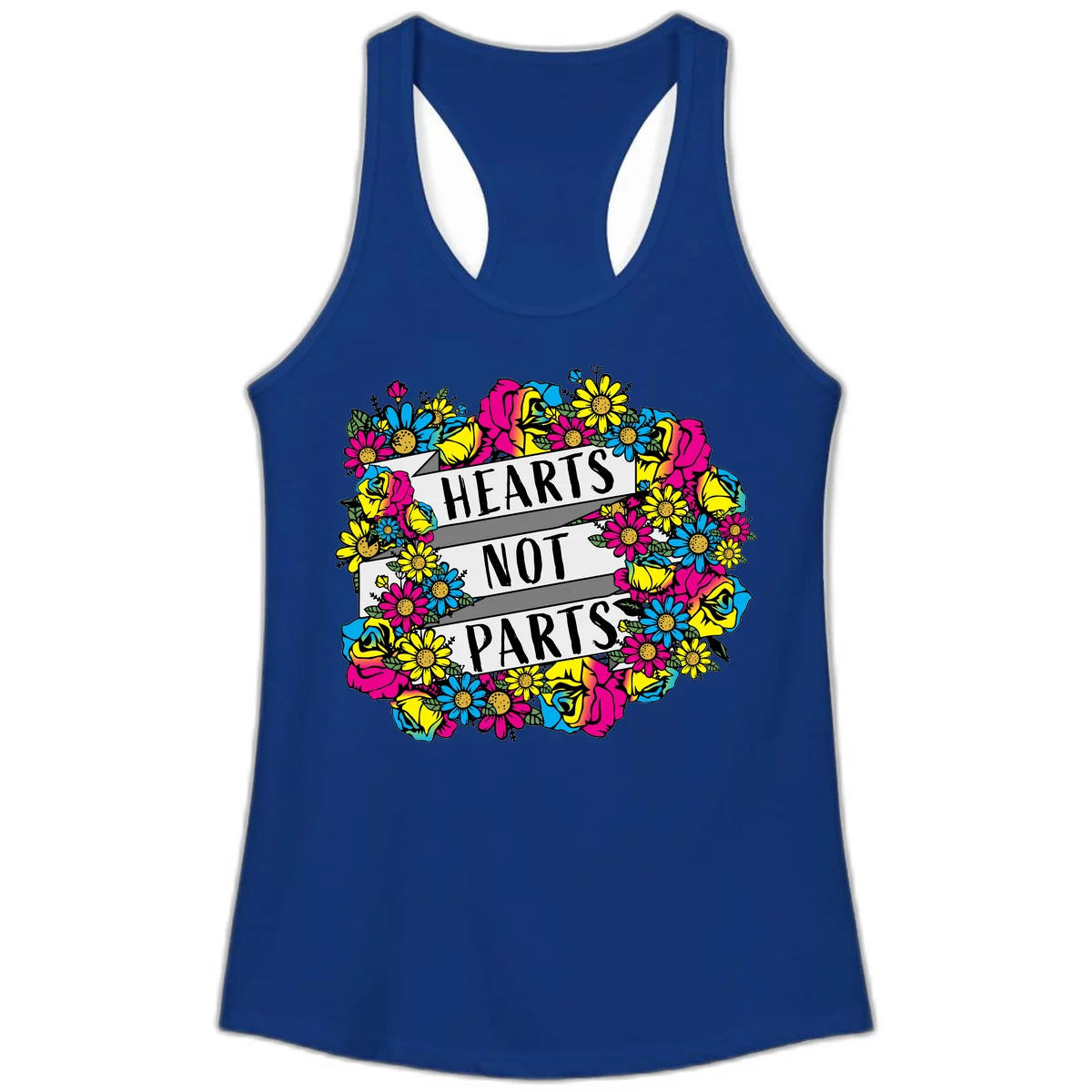 Hearts Not Parts pride design with colorful floral wreath featuring yellow daisies, magenta roses, and blue flowers surrounding bold statement text in Solid Royal