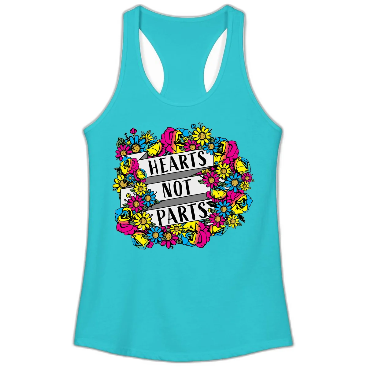 Hearts Not Parts pride design with colorful floral wreath featuring yellow daisies, magenta roses, and blue flowers surrounding bold statement text in Solid Tahiti Blue