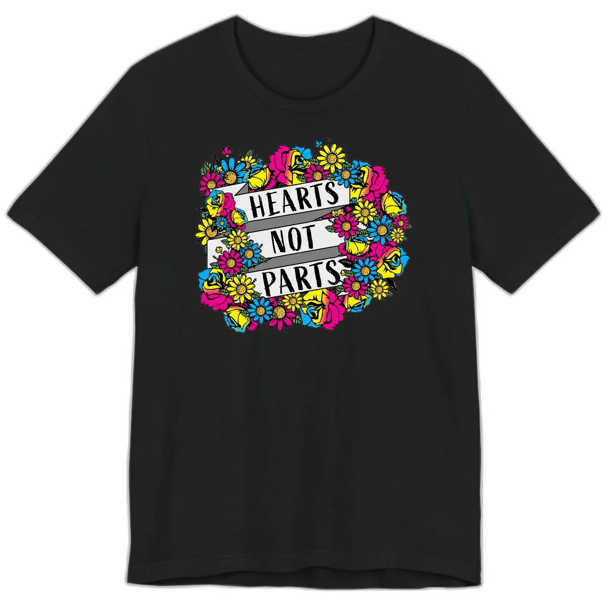 Hearts Not Parts pride design with colorful floral wreath featuring yellow daisies, magenta roses, and blue flowers surrounding bold statement text in Black
