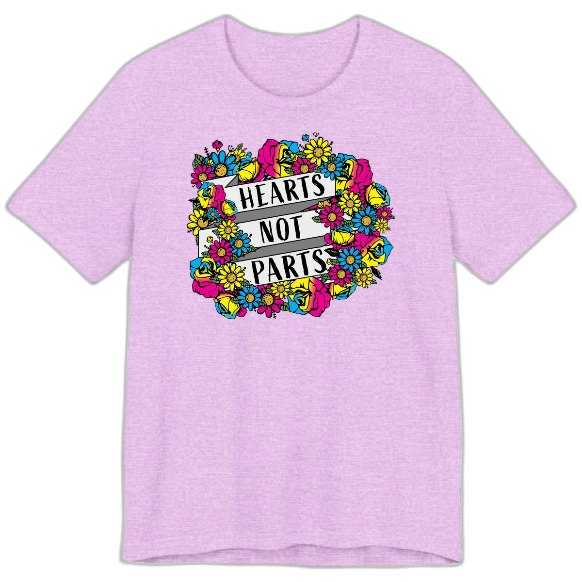 Hearts Not Parts pride design with colorful floral wreath featuring yellow daisies, magenta roses, and blue flowers surrounding bold statement text in Heather Prism Lilac