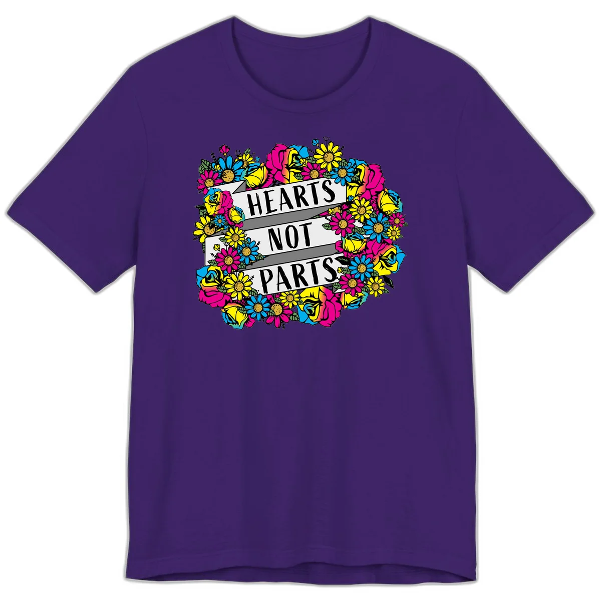 Hearts Not Parts pride design with colorful floral wreath featuring yellow daisies, magenta roses, and blue flowers surrounding bold statement text in Team Purple