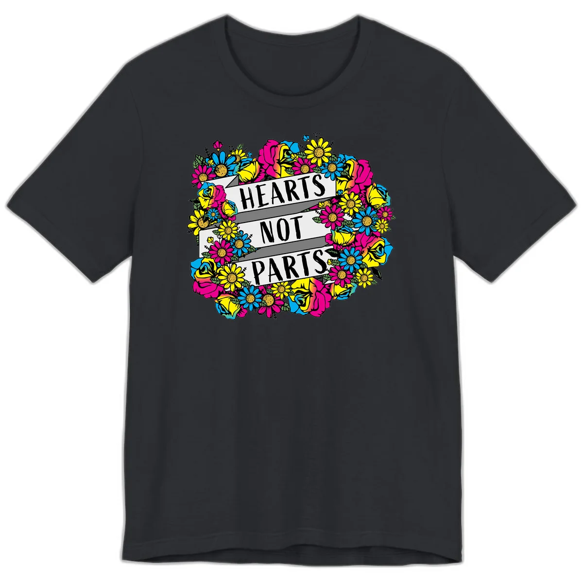 Hearts Not Parts pride design with colorful floral wreath featuring yellow daisies, magenta roses, and blue flowers surrounding bold statement text in Vintage Black