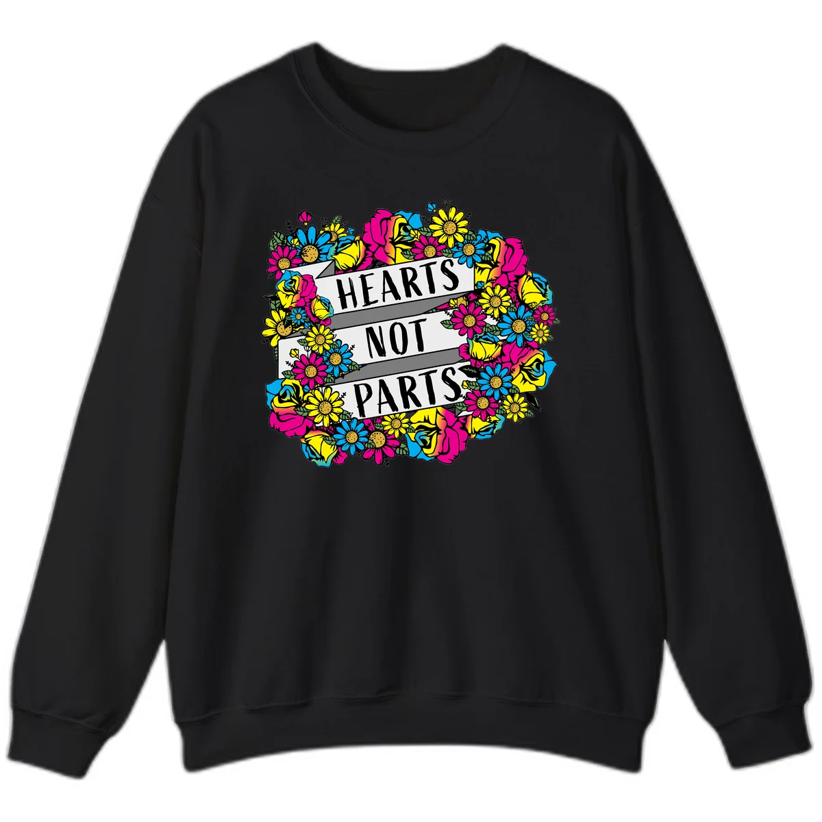 Hearts Not Parts pride design with colorful floral wreath featuring yellow daisies, magenta roses, and blue flowers surrounding bold statement text in Black