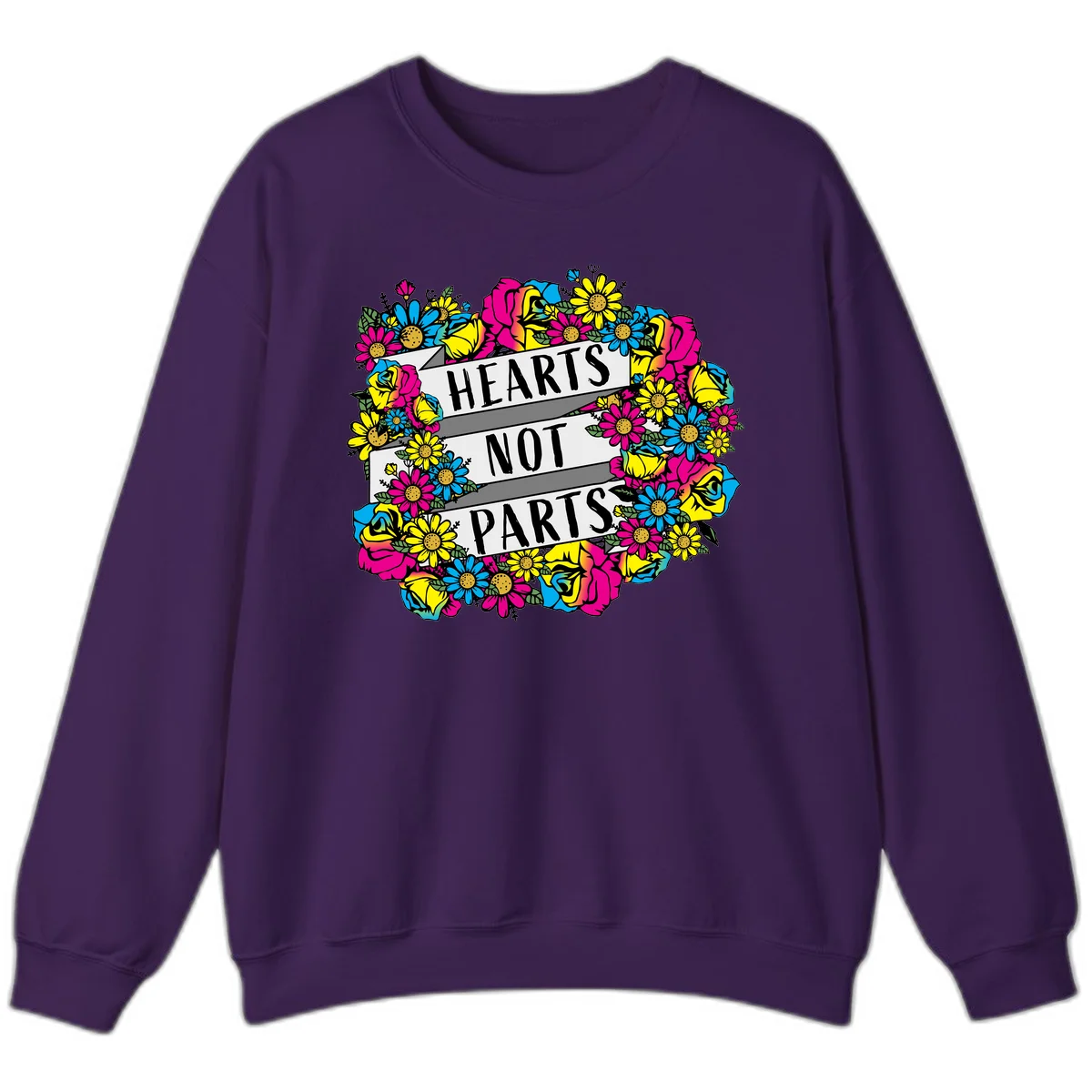 Hearts Not Parts pride design with colorful floral wreath featuring yellow daisies, magenta roses, and blue flowers surrounding bold statement text in Purple