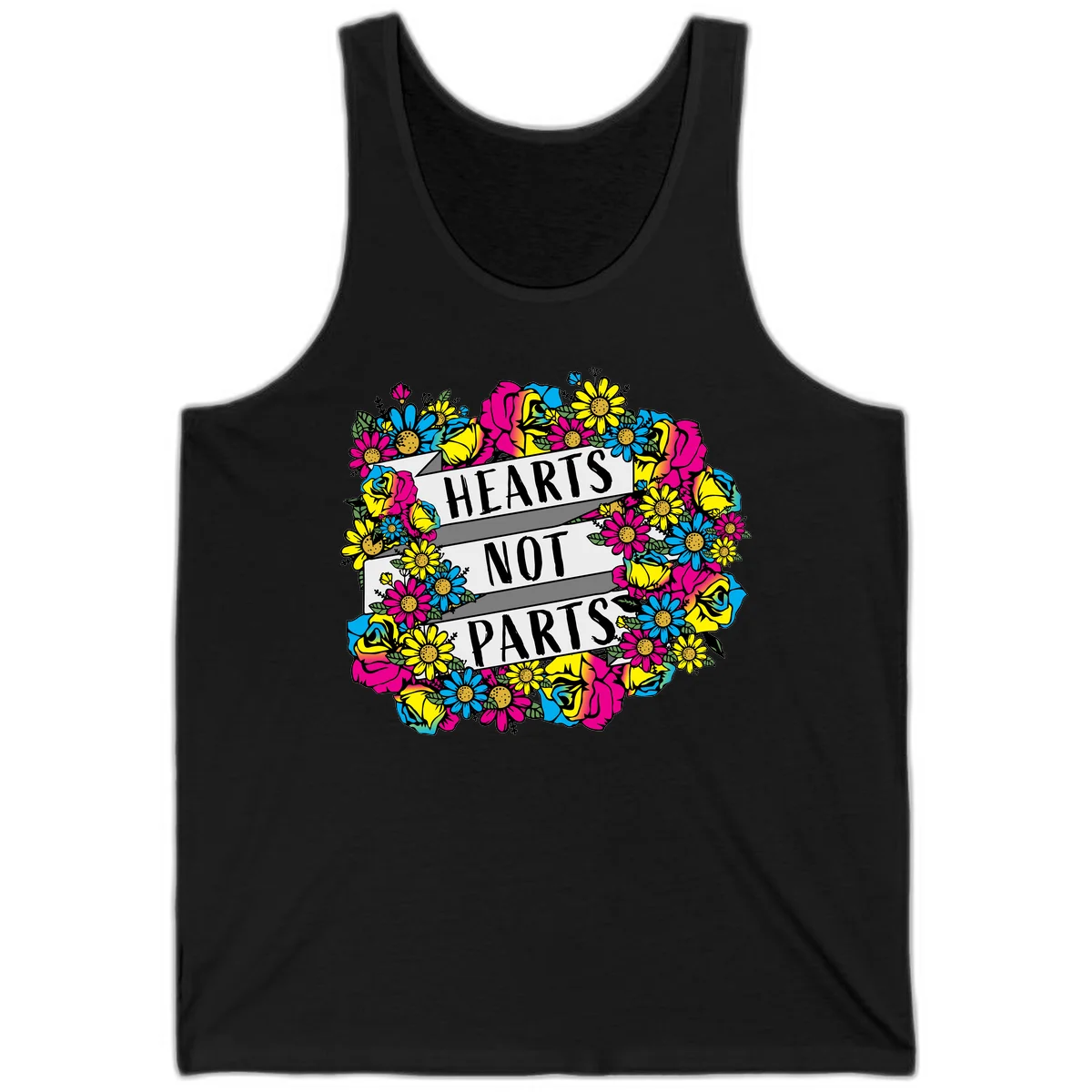 Hearts Not Parts pride design with colorful floral wreath featuring yellow daisies, magenta roses, and blue flowers surrounding bold statement text in Black