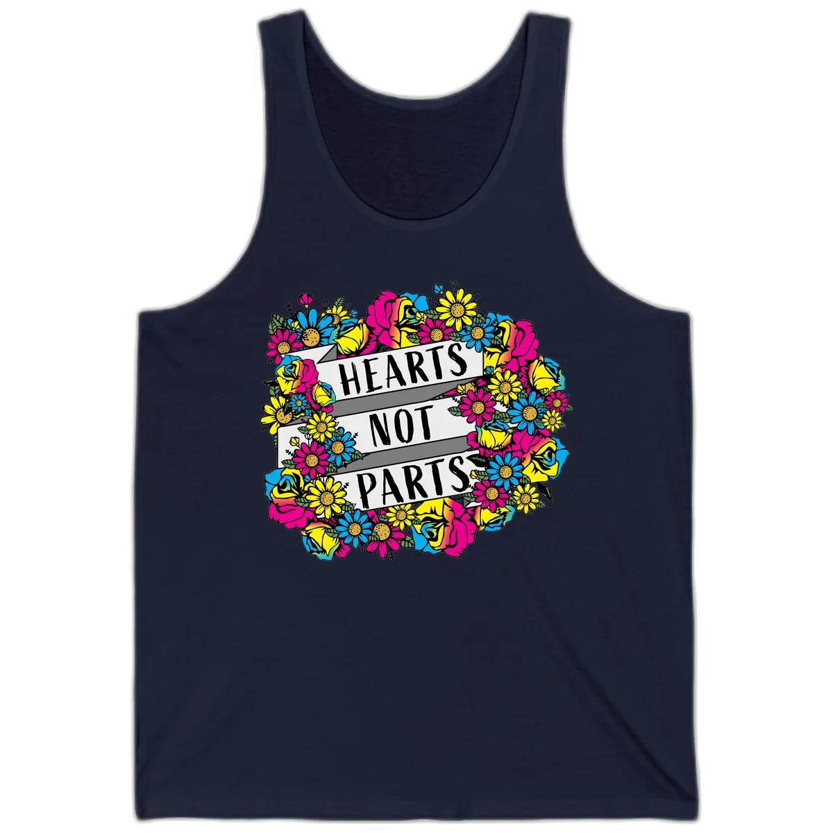 Hearts Not Parts pride design with colorful floral wreath featuring yellow daisies, magenta roses, and blue flowers surrounding bold statement text in Navy