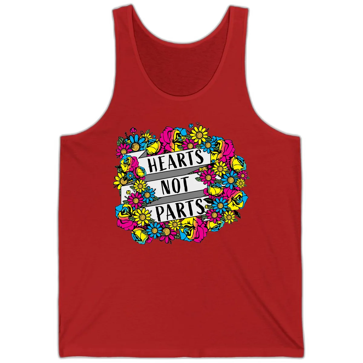 Hearts Not Parts pride design with colorful floral wreath featuring yellow daisies, magenta roses, and blue flowers surrounding bold statement text in Red