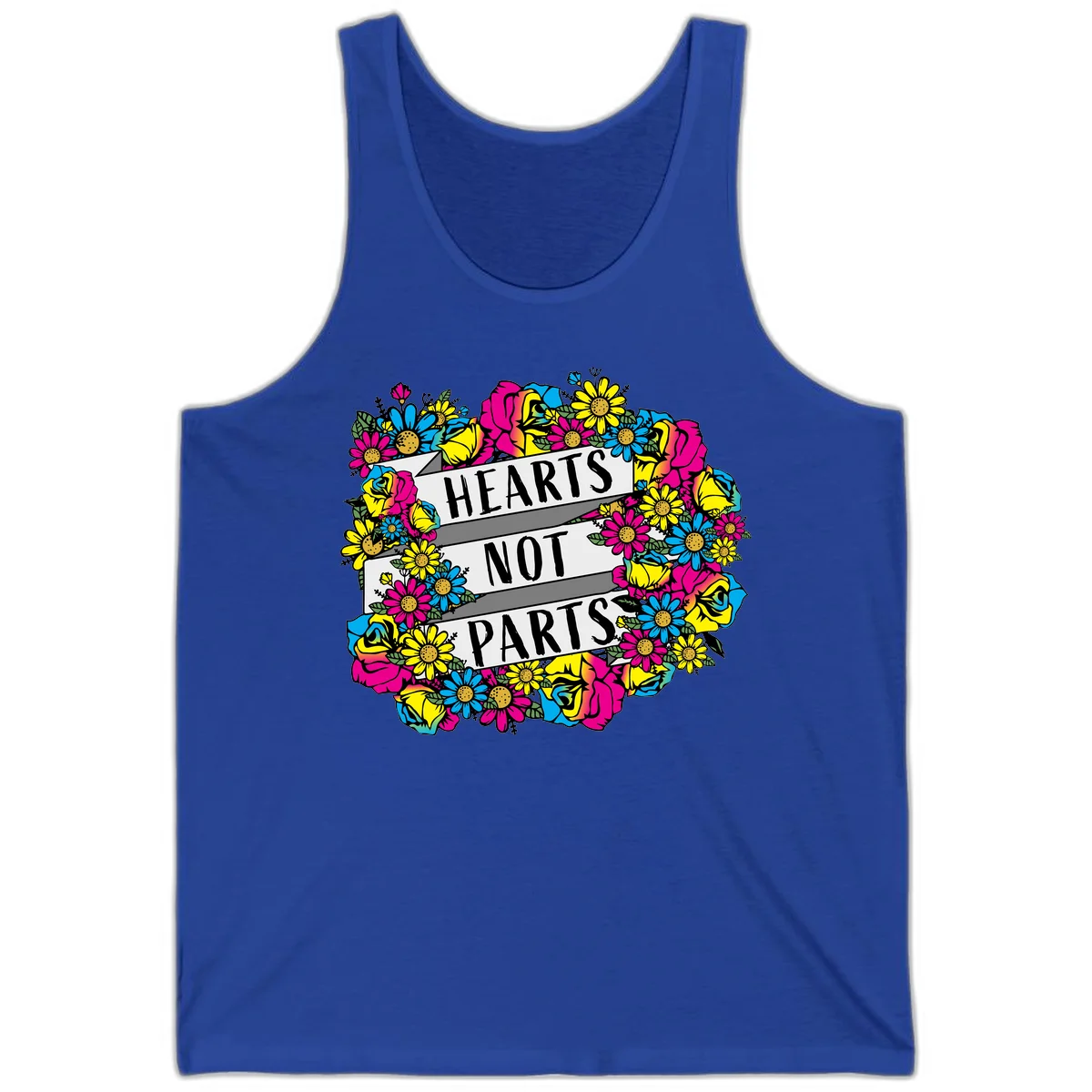 Hearts Not Parts pride design with colorful floral wreath featuring yellow daisies, magenta roses, and blue flowers surrounding bold statement text in True Royal