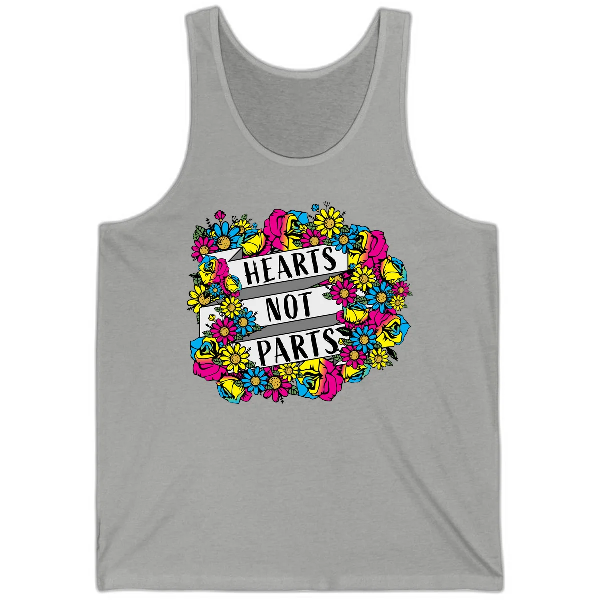 Hearts Not Parts pride design with colorful floral wreath featuring yellow daisies, magenta roses, and blue flowers surrounding bold statement text in Athletic Heather