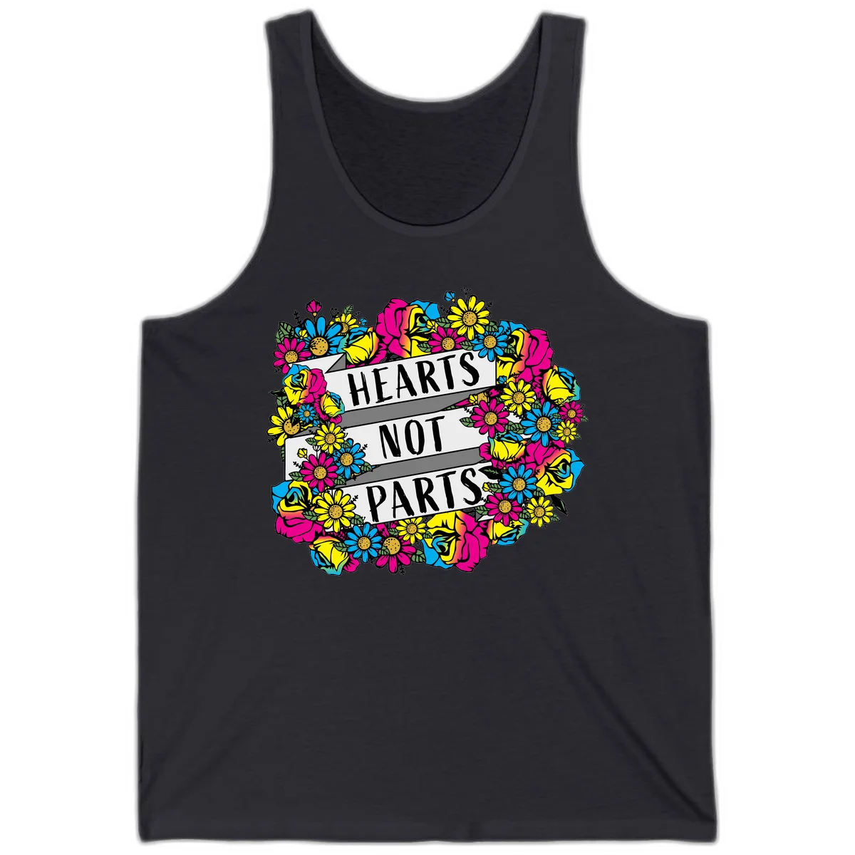 Hearts Not Parts pride design with colorful floral wreath featuring yellow daisies, magenta roses, and blue flowers surrounding bold statement text in Dark Grey