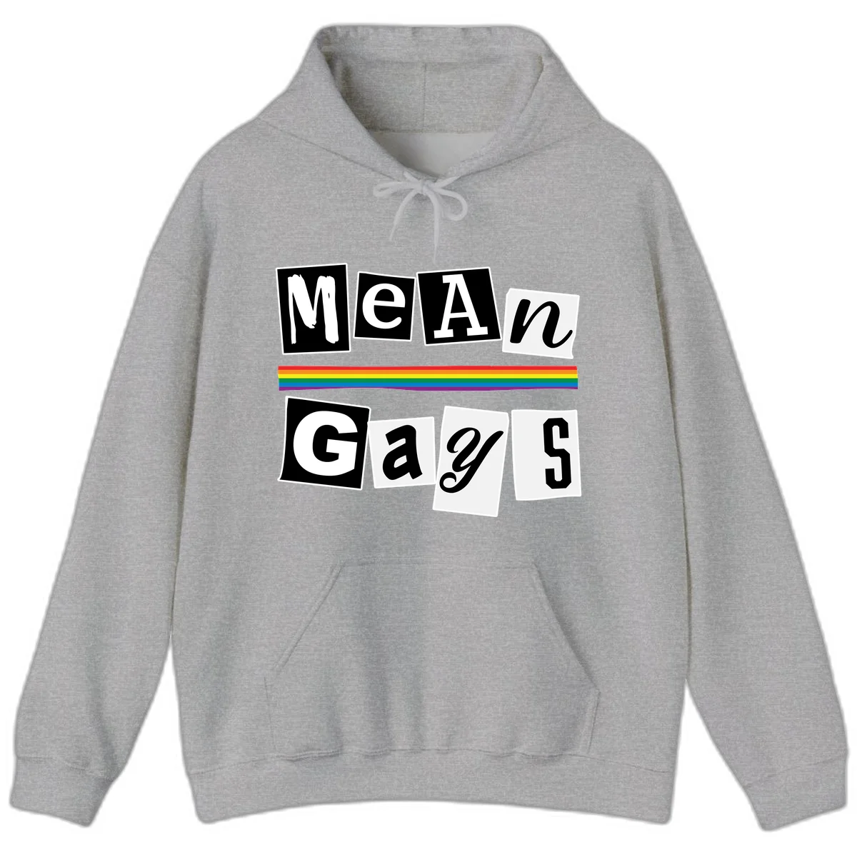 Mean Gays pride design with ransom note style lettering and rainbow stripe celebrating LGBTQ+ pride in Sport Grey