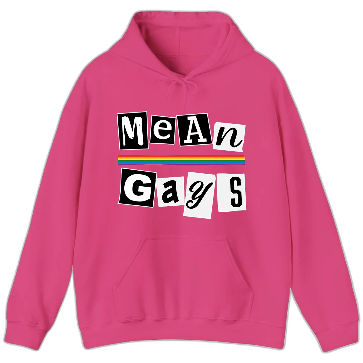 Mean Gays pride design with ransom note style lettering and rainbow stripe celebrating LGBTQ+ pride in Heliconia