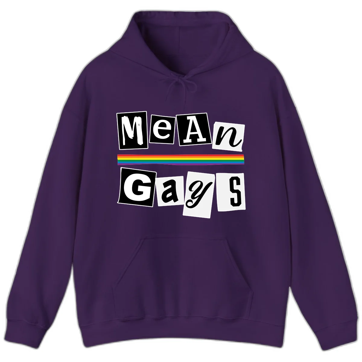 Mean Gays pride design with ransom note style lettering and rainbow stripe celebrating LGBTQ+ pride in Purple