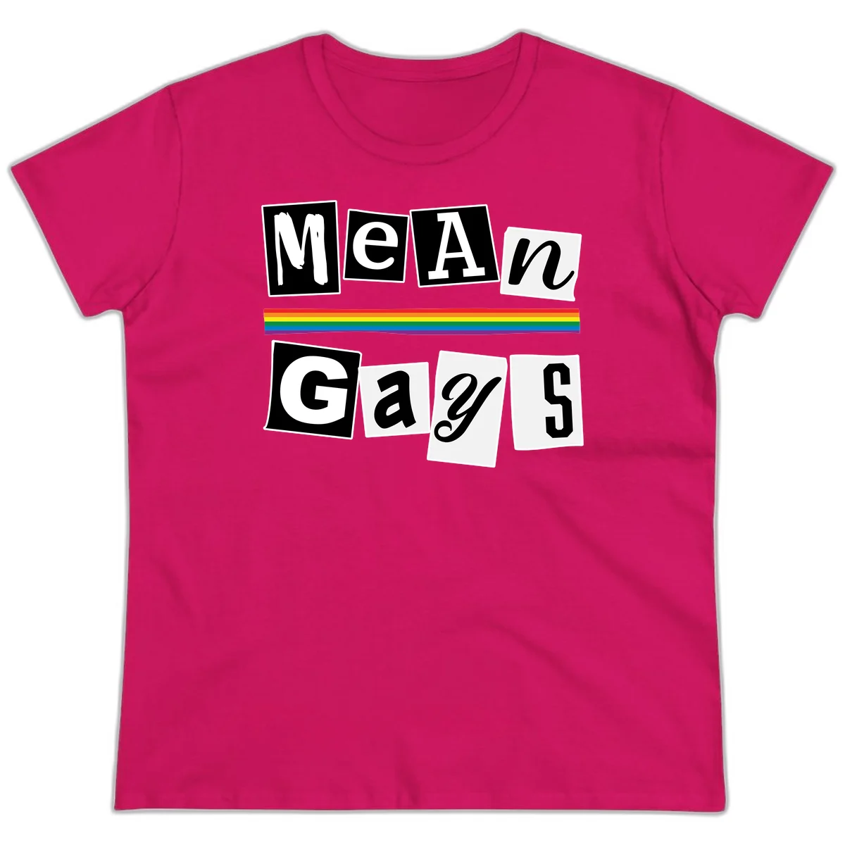 Mean Gays pride design with ransom note style lettering and rainbow stripe celebrating LGBTQ+ pride in Heliconia